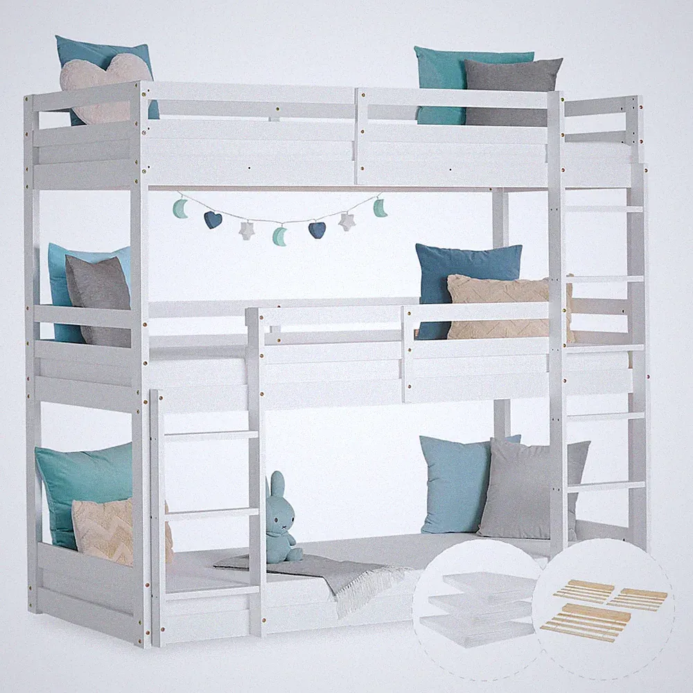 Etagenbett 90x200 Kinderbett mit Matratze Dreifach Stockbett Holz Homestyle4u