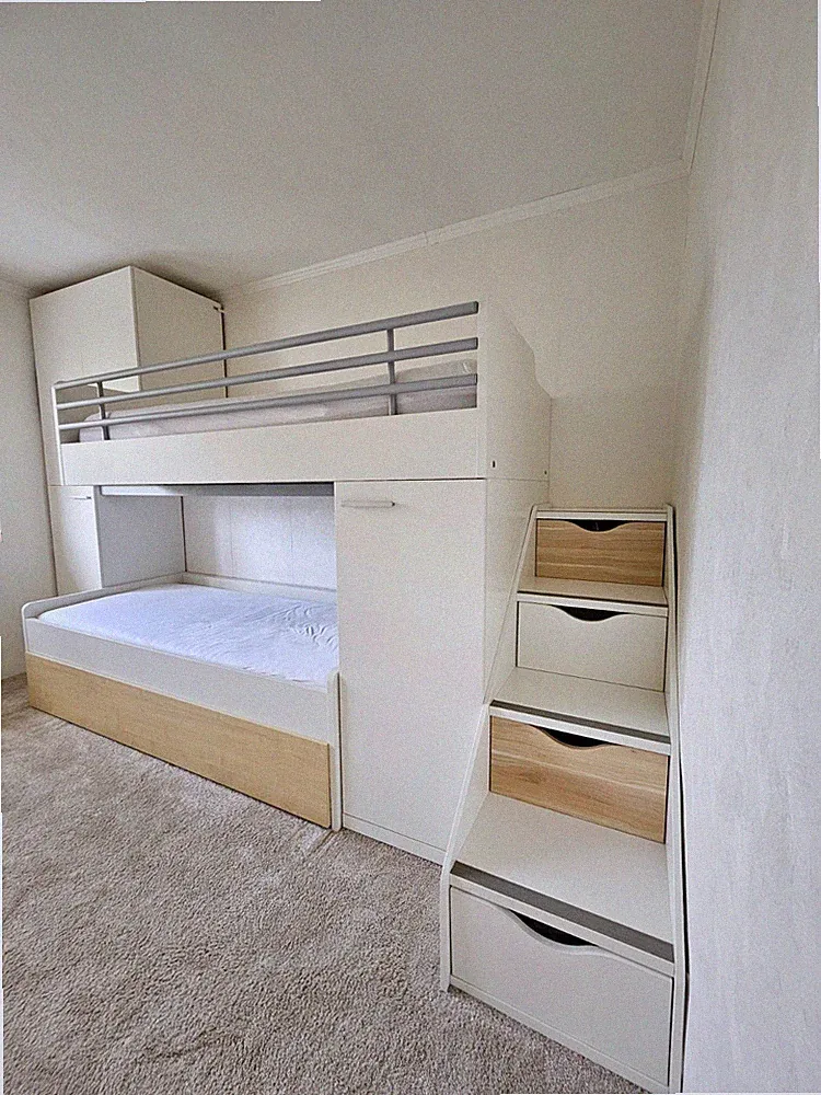 Etagenbett 90x200 mit Schränke, Schubladen, Regale, Treppen- Stauräume
