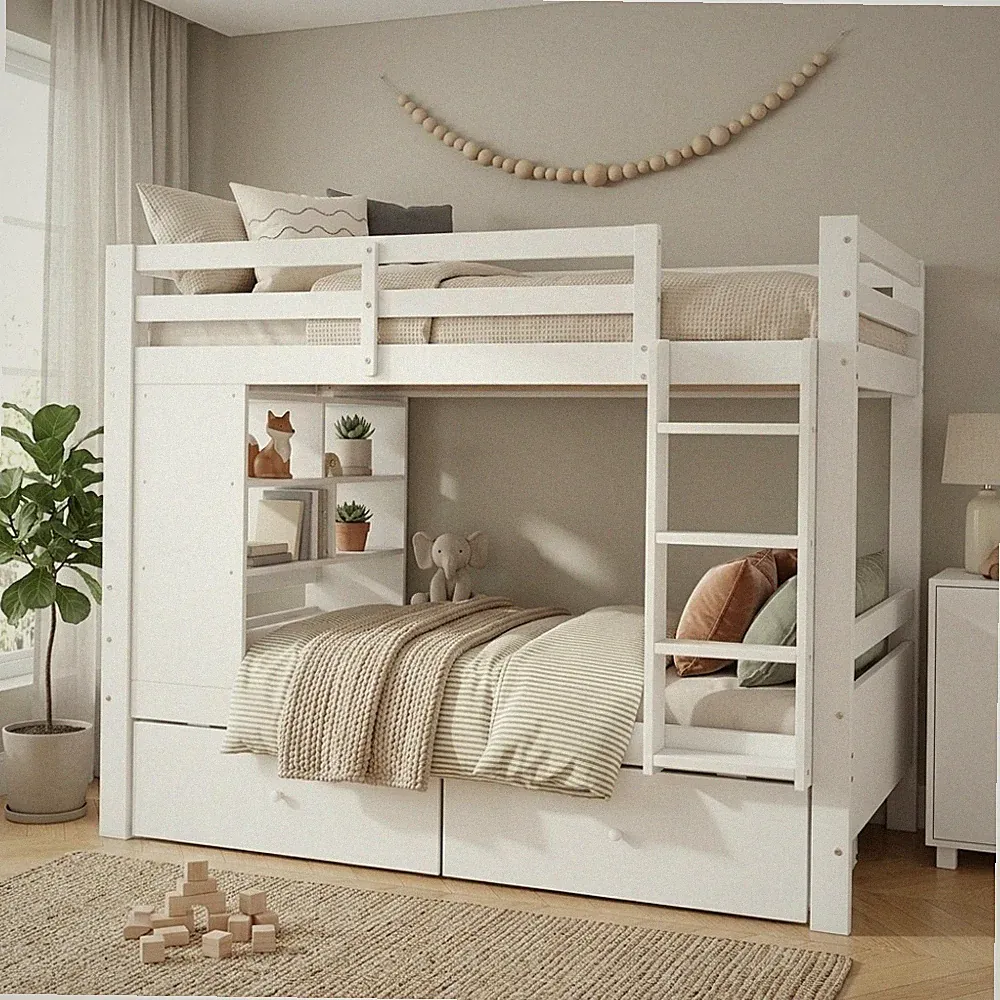 Etagenbett 90x200cm Kinderbett 2 Schubladen Leiter Fallschutz ohne Matratze Weiß