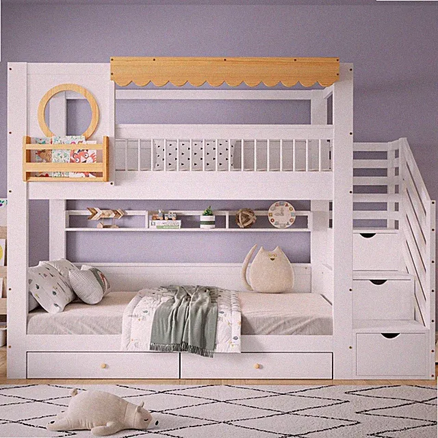 Etagenbett 90x200cm Treppenschrank Schubladen 2m Regal Seitenablage Weiß Natur