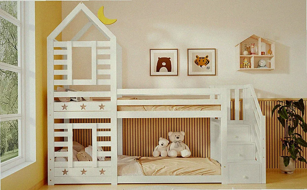 Etagenbett Baumhaus 90x200 cm Weiß mit Schubladen Rausfallschutz 2x Lattenrost