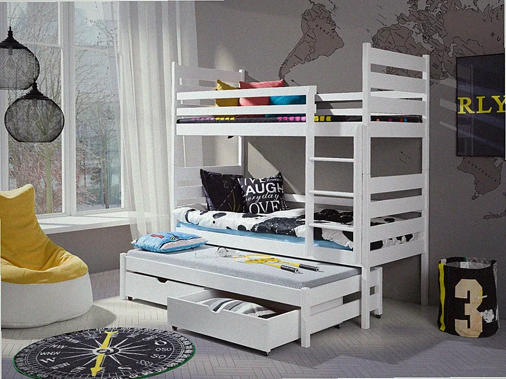 Etagenbett für 3 Kinder Stockbett Kinderbett 80x190 Weiß Ausziehbett Massivholz