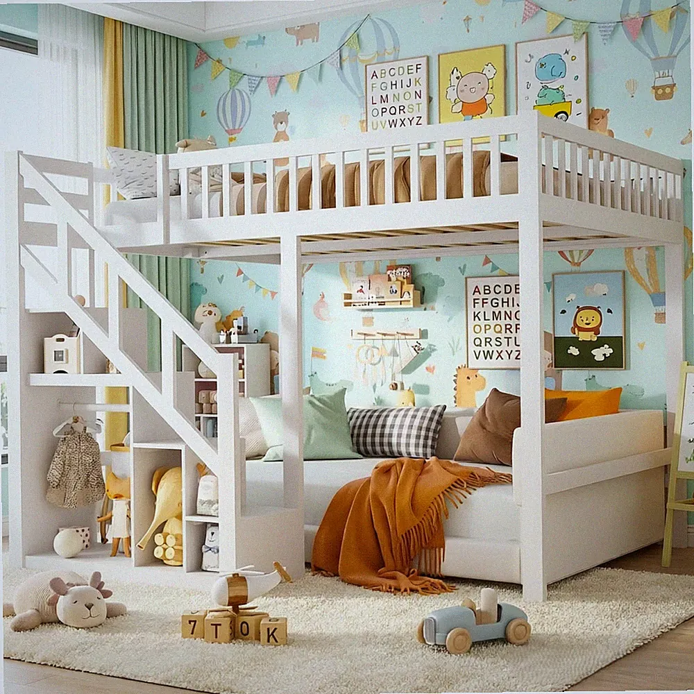 Etagenbett Hochbett, Kinderbett 140x200 Doppelstockbett mit Treppen und Stauraum
