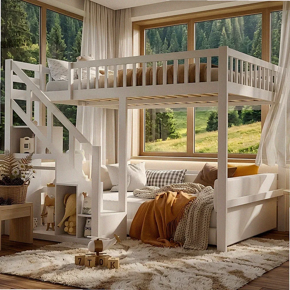 Etagenbett Hochbett Kinderbett 90*200cm Doppelstockbett mit Stauraumtreppe Weiß