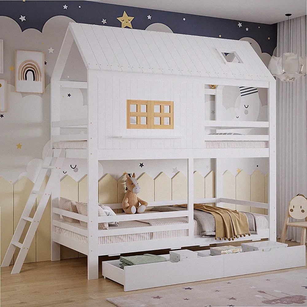 Etagenbett Hochbett Kinderbett 90x200cm Doppelstockbett Mit Fenster Dach Großen
