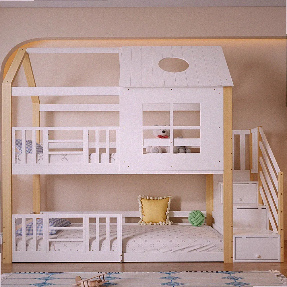 Etagenbett Hochbett Kinderbett Hausbett 90x200cm Doppelstockbett M Fenster Dach