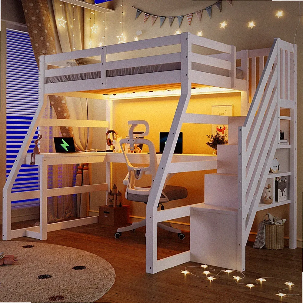 Etagenbett Hochbett Kinderbett mit Schreibtisch RGB LED-Licht USB-Anschluss Trep