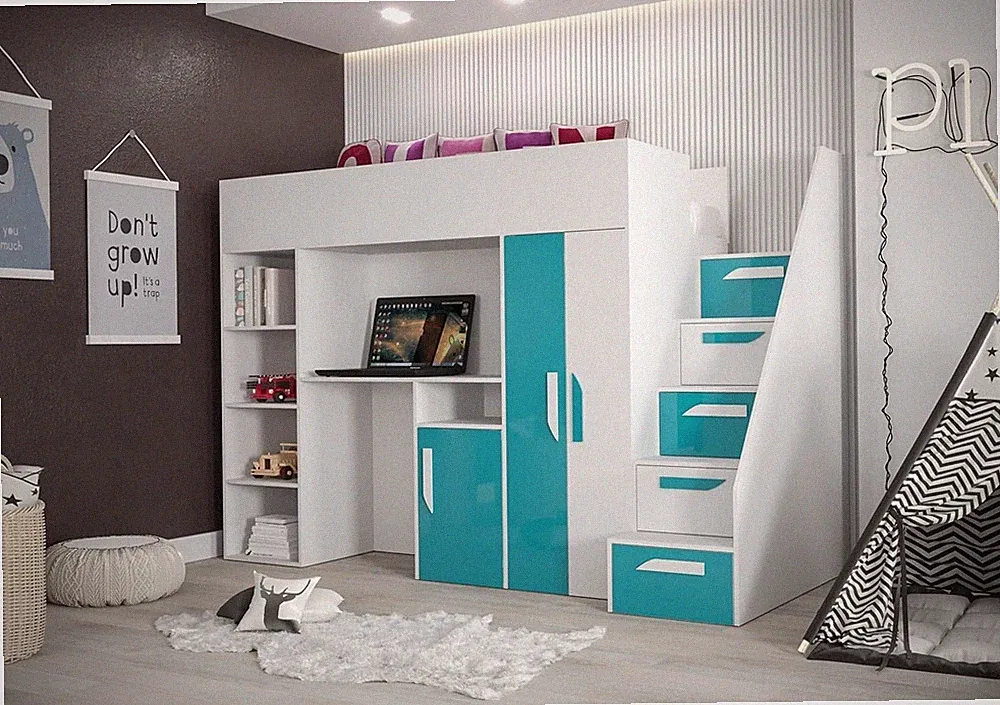 Etagenbett, Hochbett mit Schreibtisch und Schrank