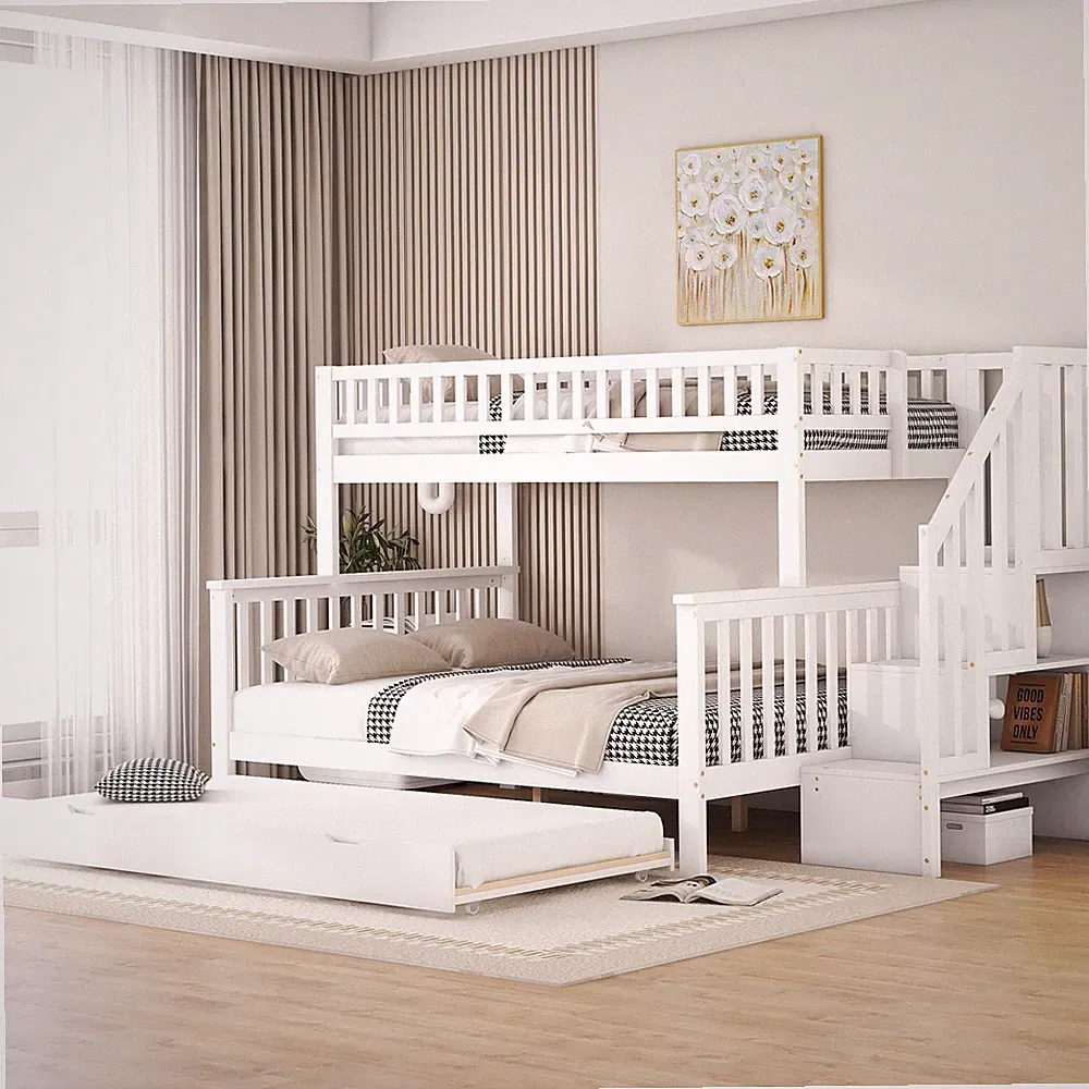 Etagenbett Kiefer weiß 90x200/140x200 cm mit Lattenrost Rollcontainer Treppe