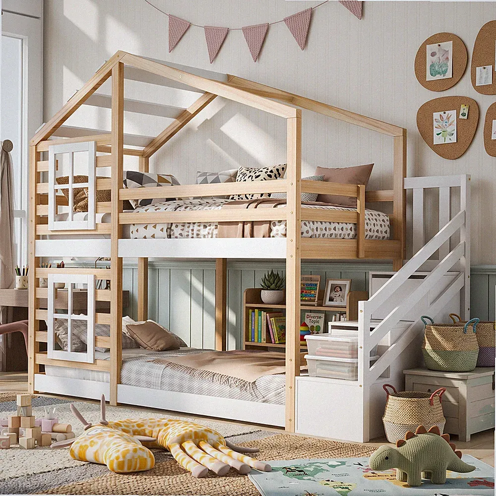 Etagenbett Kinderbett 90 x 200 cm Hausbett für 2 Kinder Hochbett Holz Lattenrost