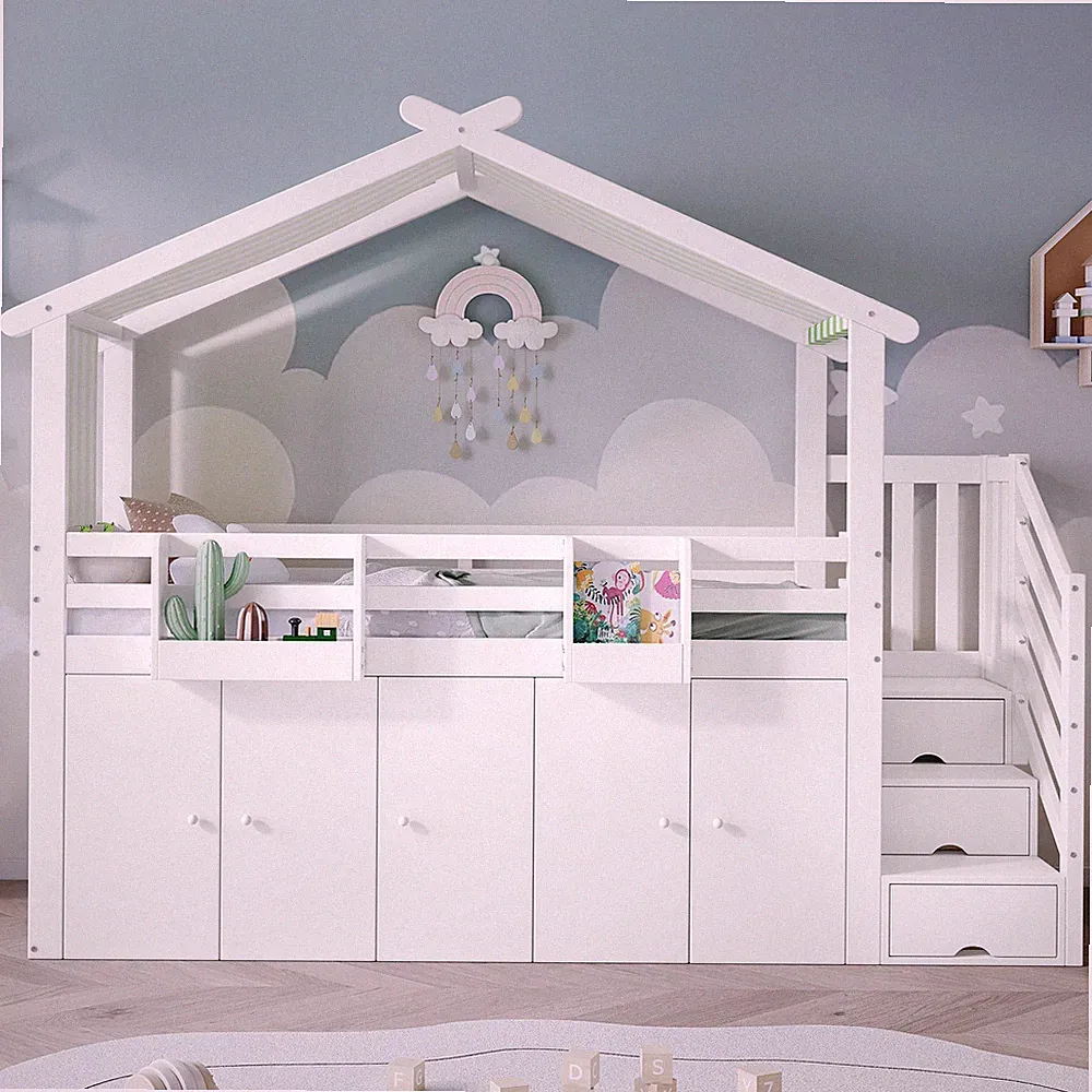 Etagenbett Kinderbett 90x200 cm mit Fallschutzgitter Kleiderschrank Weiß+Grün