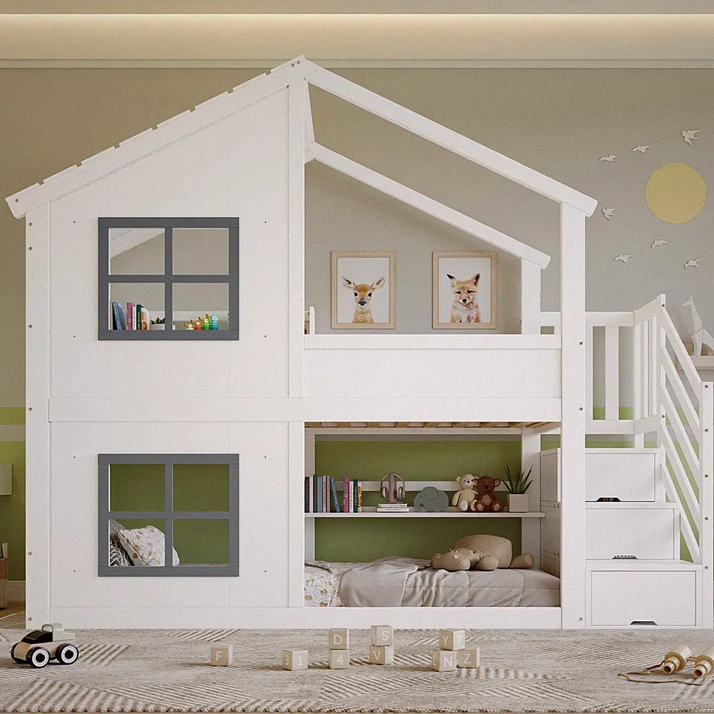 Etagenbett,Kinderbett,Mit Schöne Fenster und Dach,Stabiler Lattenrost,Weiß+Grau