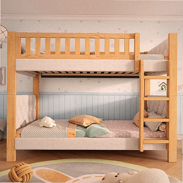 Etagenbett,Kinderbett,Weiche Antikollisions-Schwammkante,Mit Treppe,Grau+Natur