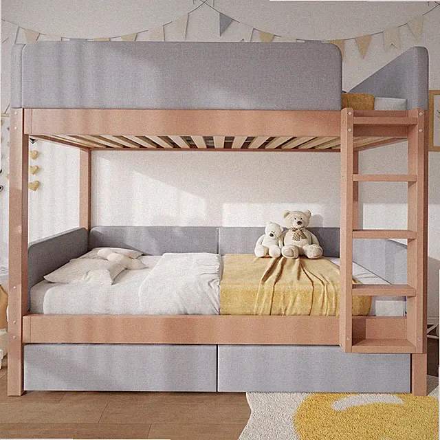Etagenbett,Kinderbett,Weiche Antikollisions-Schwammkante,Mit Treppe,Rosa + Natur