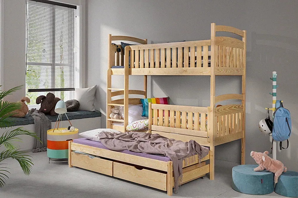 Etagenbett MILO Holz für 3 Kinder Stockbett Kinderbett 80x170 KIEFER Ausziehbett
