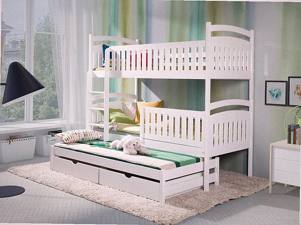 Etagenbett MILO Holz für 3 Kinder Stockbett Kinderbett 90x180 Weiß Ausziehbett