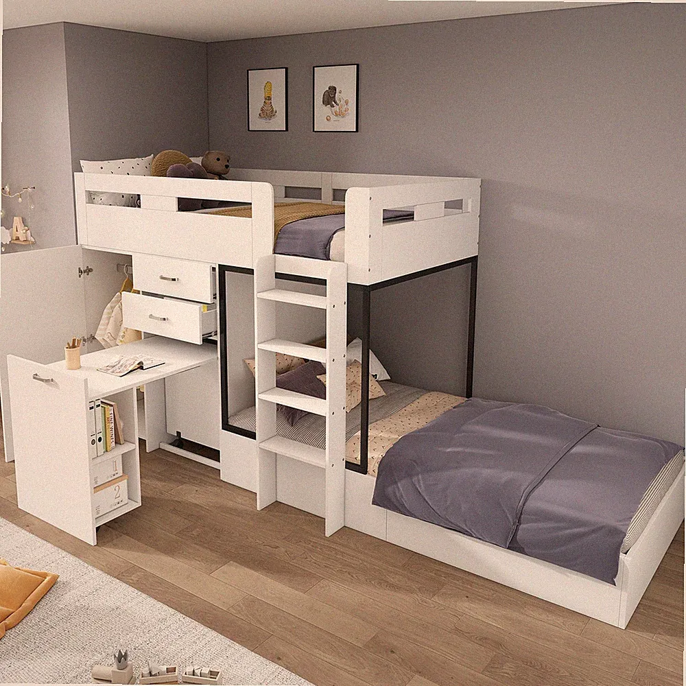 Etagenbett mit Ausziehbarer Schreibtisch Garderobe Kinderbett Bettgestell 90x200