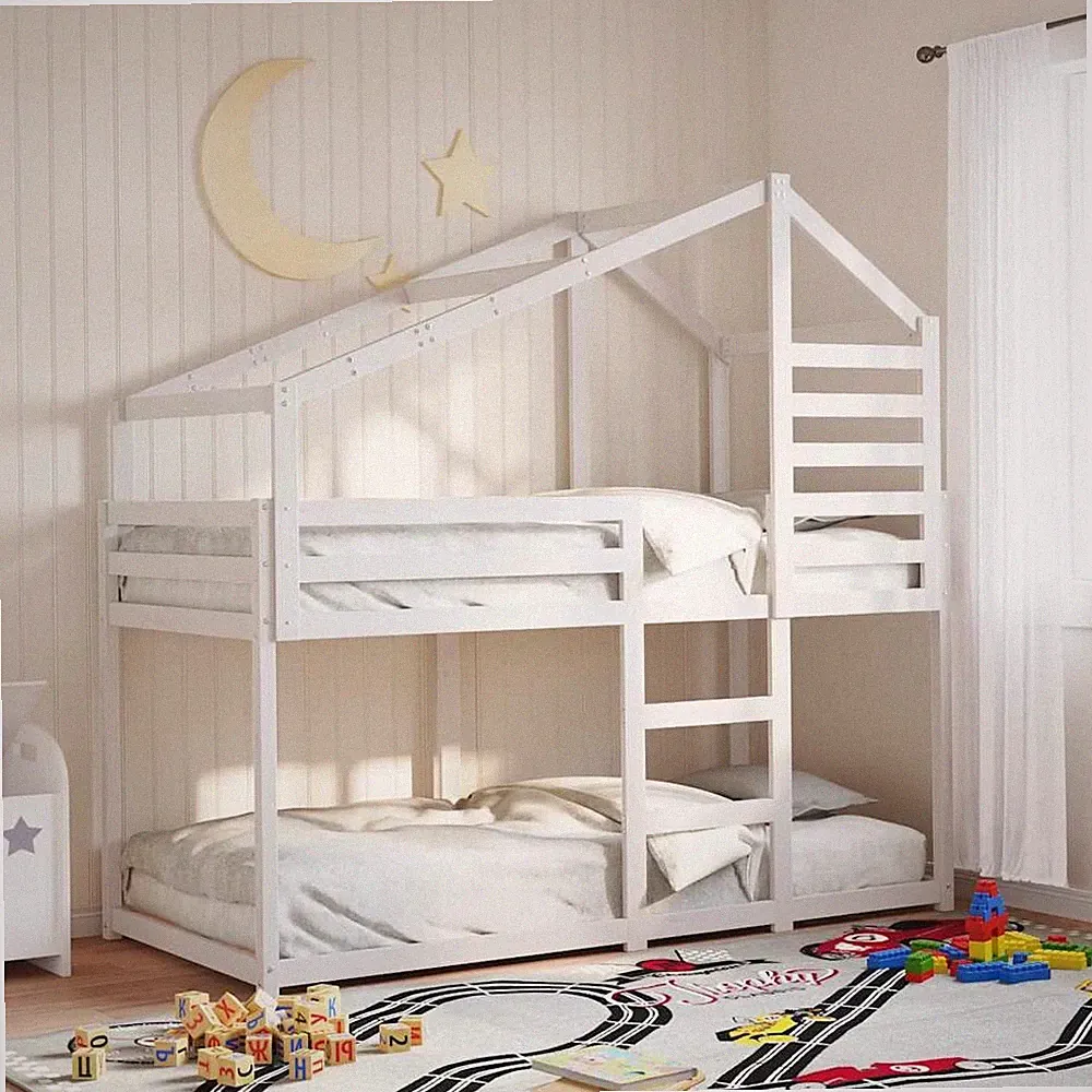 Etagenbett mit Dach Kinderbett Hochbett Hausbett Bett Massivholz Kiefer vidaXL