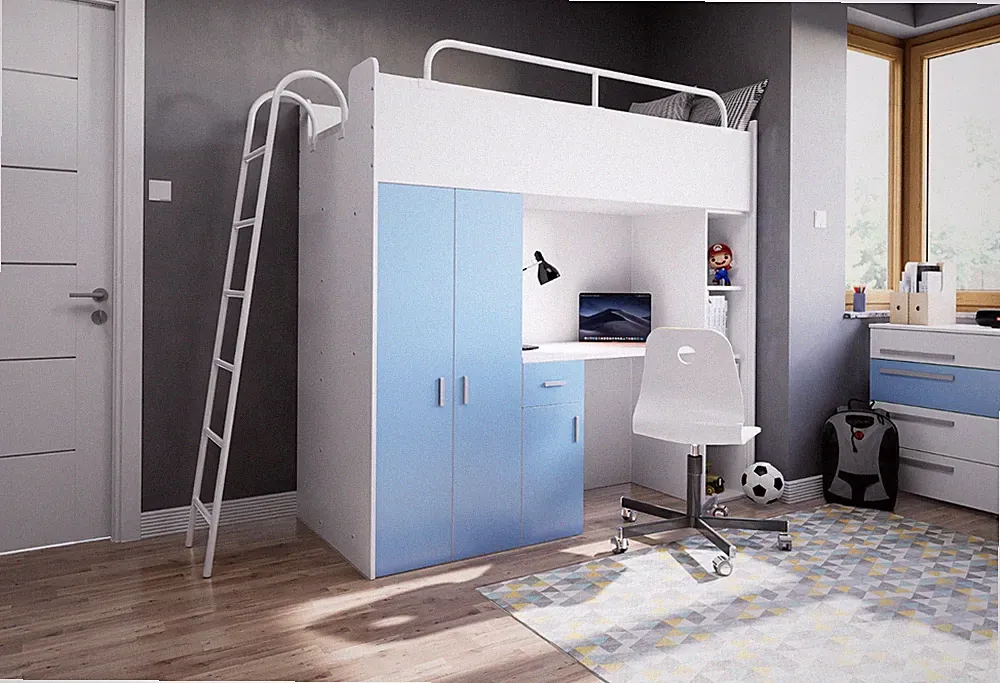 Etagenbett mit Leiter Hochbett Kinderbett mit Schrank und Schreibtisch JSM-4D
