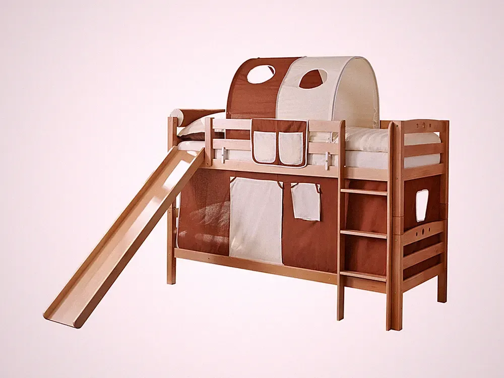 Etagenbett mit Rutsche Doppelbett Lupo Buche massiv Natur mit Farbauswahl