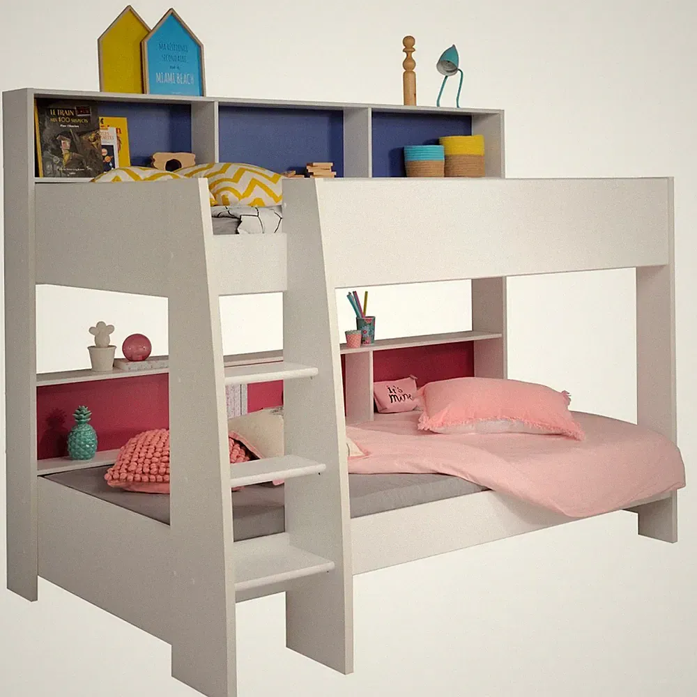Etagenbett weiß mit blau oder pink Stockbett Bett Stauraumbett Parisot TamTam1