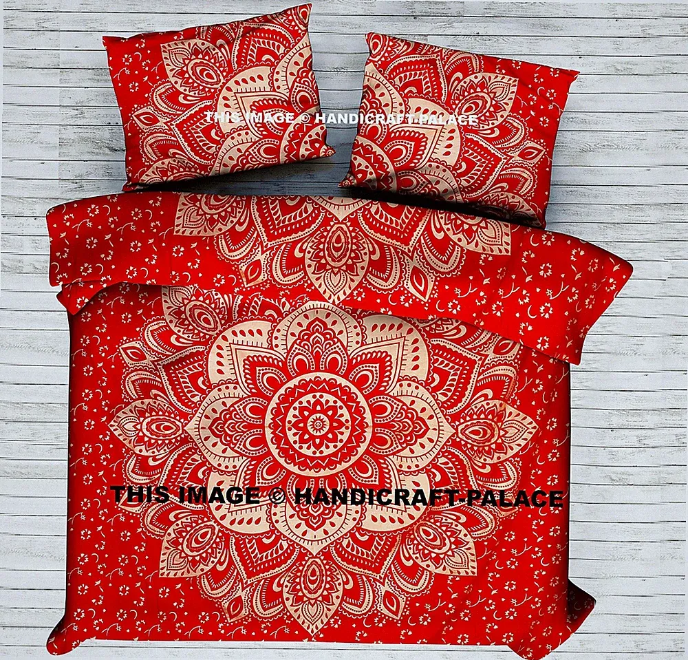 Exklusives Indisches Rotes Decken Set Wende Gold Ombre Mandala König Bettbezug