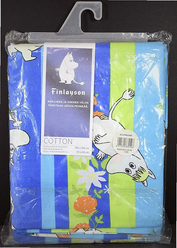 🟦Finlayson Moomin Twin Duvet Cover Set Blue Floral Striped w/Snorkmaide Unused