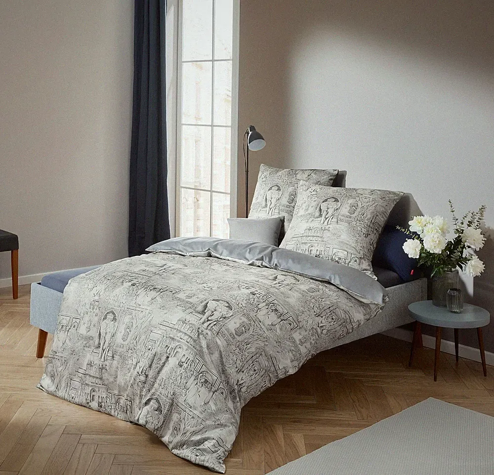 Fleuresse Mako-Satin Bettwäsche 135x200 Elefant Orient blau grau Wende 1144570-2