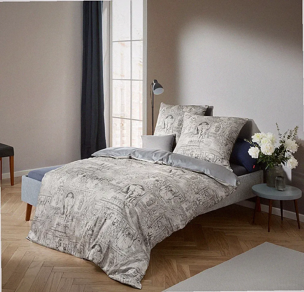 Fleuresse Mako-Satin Bettwäsche 155x220 Elefant Orient blau grau Wende 1144570-2