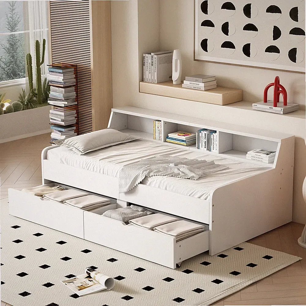 Funktionsbett 90x200 holzbett Jugendbett Kinderbett mit 2 Schubladen Tagesbett