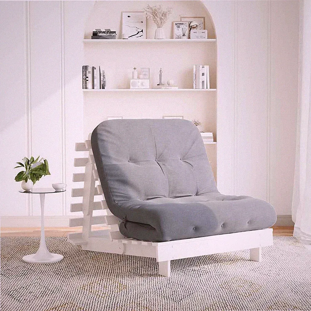 Futon Schlafsofa Kiefer massiv weiß 90x206x11cm mit grauer Schaumstoffmatratze 60x200 8cm.