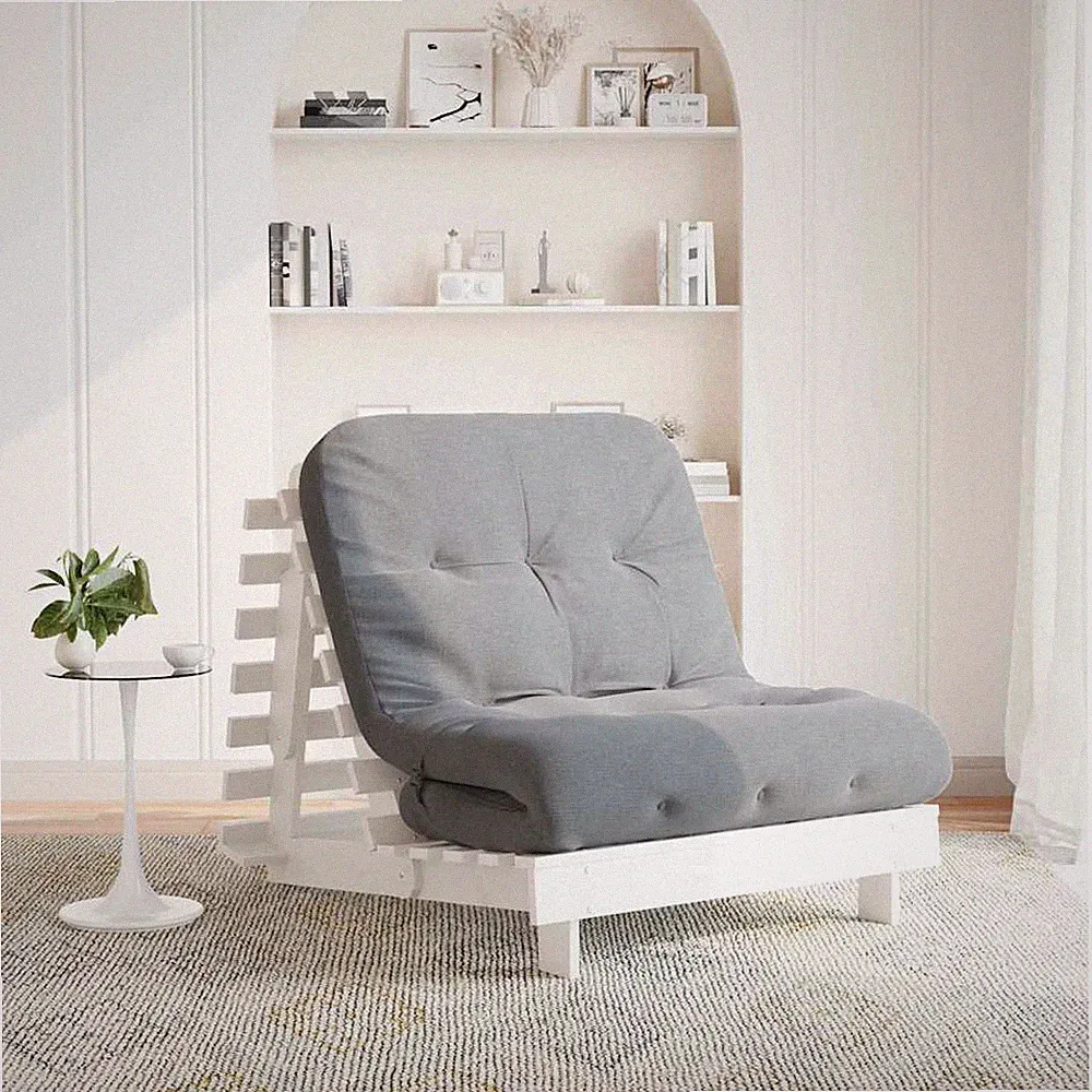 Futon Schlafsofa Massivholz Kiefer Holz Weiß 80x206x11 + 60x200x8cm Klappmatratze.