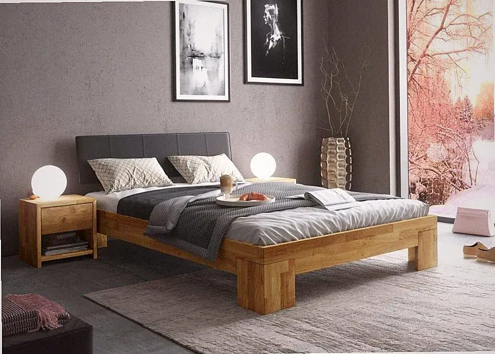 Futonbett 180x200 Wildeiche massiv geölt Bett NEMO Kopfteil gepolstert