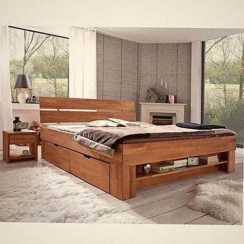 Futonbett Bett Kernbuche Massivholz Stauraum 140x200 cm Bettkästen Fußteilregal