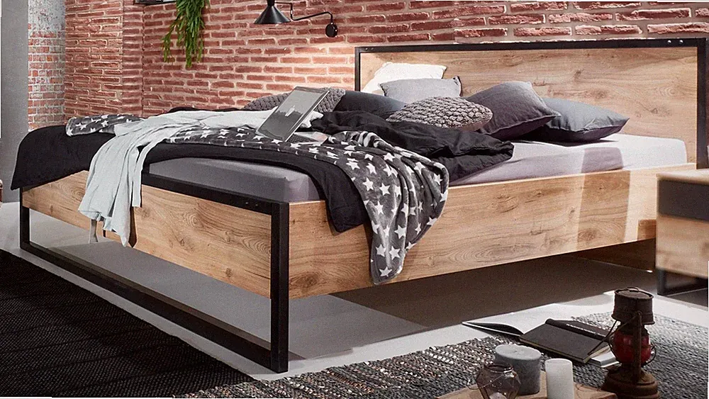 Futonbett Detroit Bettgestell Doppelbett Industrial Design Plankeneiche Metall
