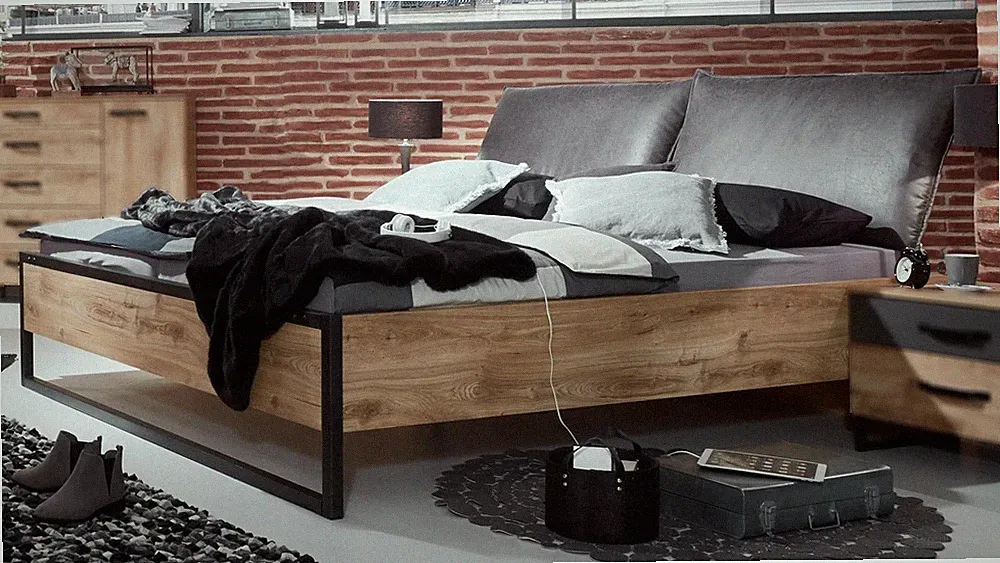 Futonbett Detroit Bettgestell mit Polster Industrial Design Plankeneiche Metall
