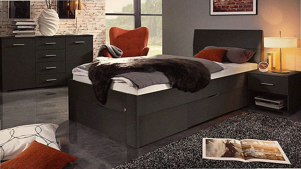 Futonbett Flexx Bett Bettgestell grau-metallic mit Schubkasten 90x200 cm