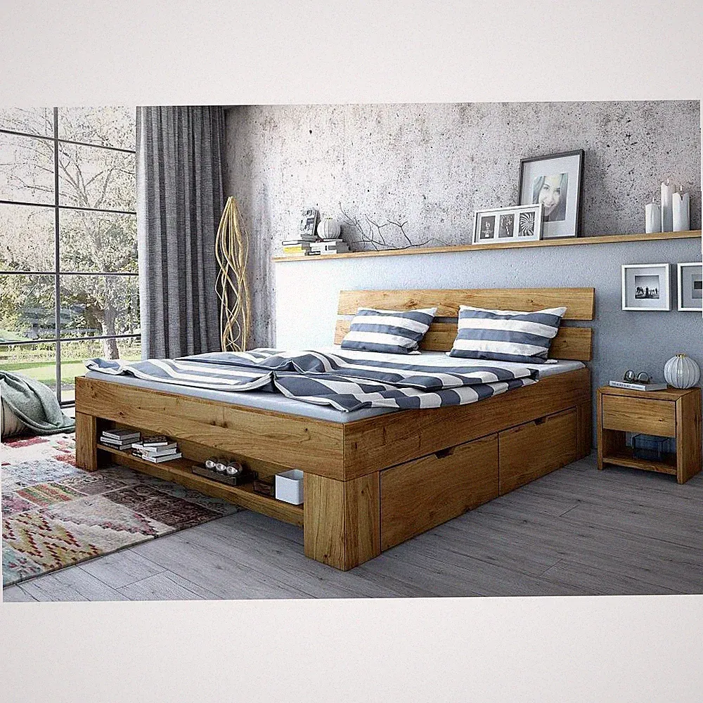 Futonbett Sara Wildeiche Massiv geölt 180 x 200 cm inkl. 4 Bettkästen Bett Eiche