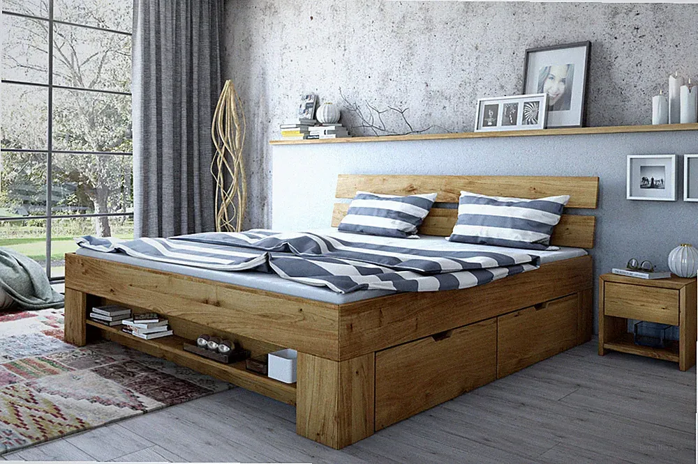 Futonbett Sarah Bett Wildeiche Massiv geölt 140cm inkl. 4Bettkästen Fußteilregal