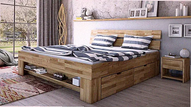 Futonbett Sarah Doppelbett mit Schubkästen in Wildeiche massiv geölt 180x200