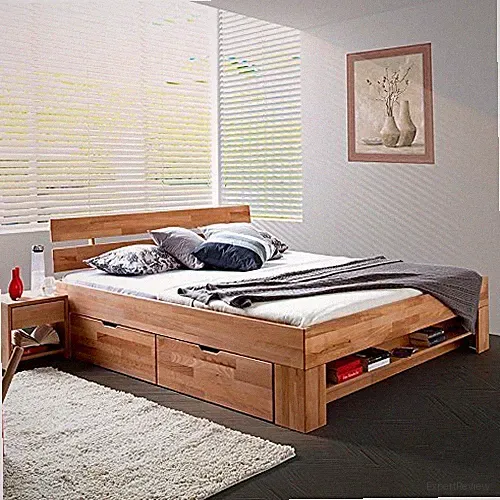 Futonbett Schlafzimmerbett SOFI 180 cm Kernbuche massiv geölt inkl.4 Bettkästen
