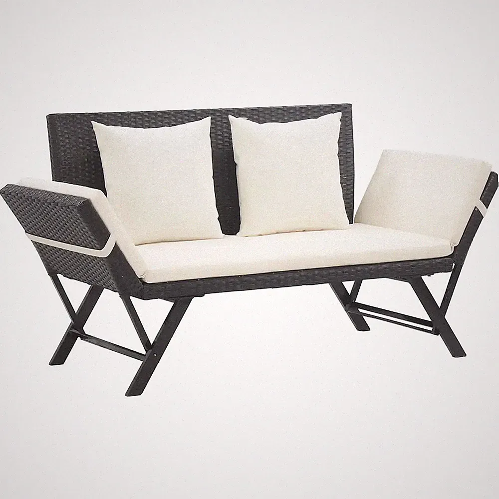 Gartenbank 176 cm Poly Rattan Schwarz mit Auflagen