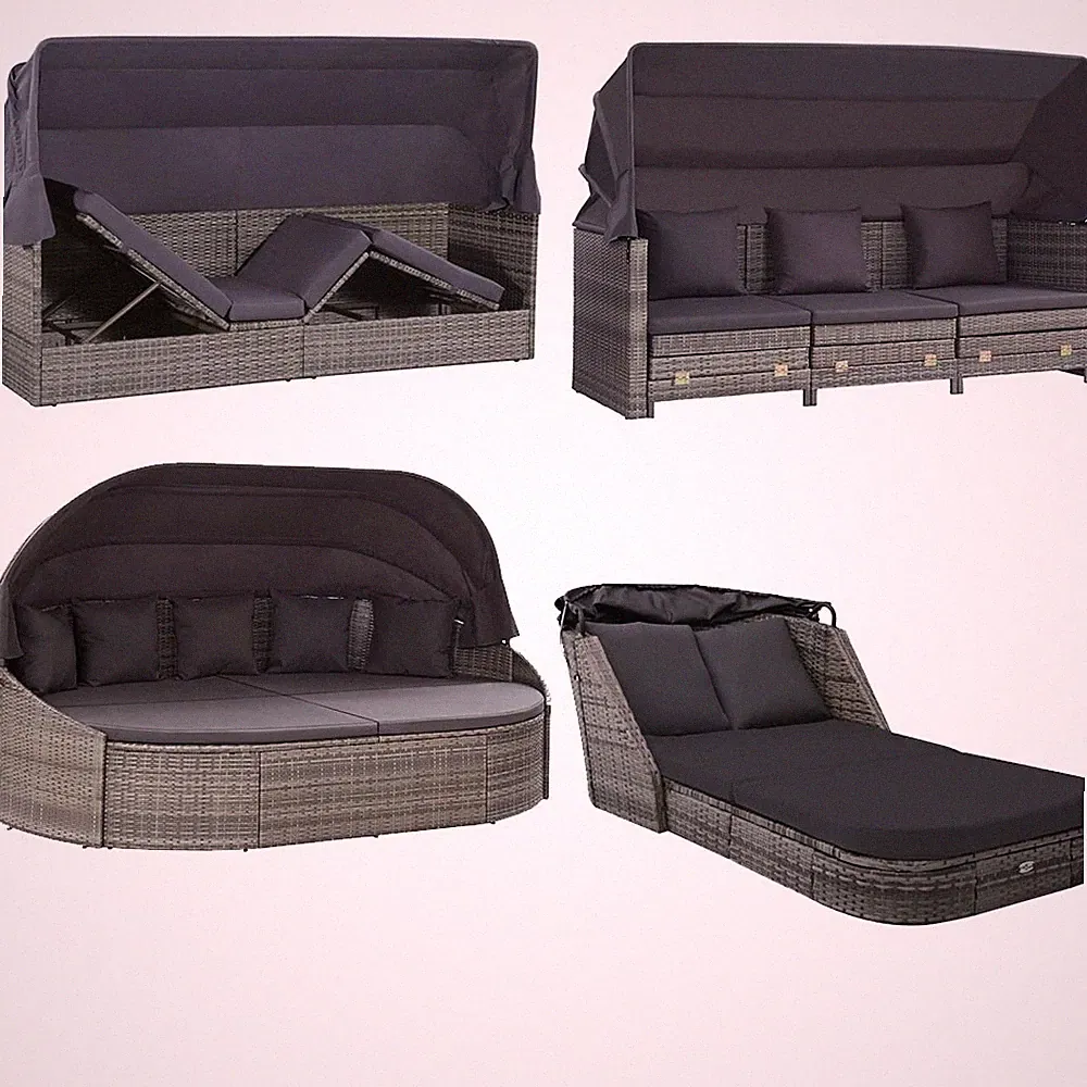 Gartenliege mit Sonnendach Poly Rattan Sofa Bett Tagesbett Sonnenliege Liegen