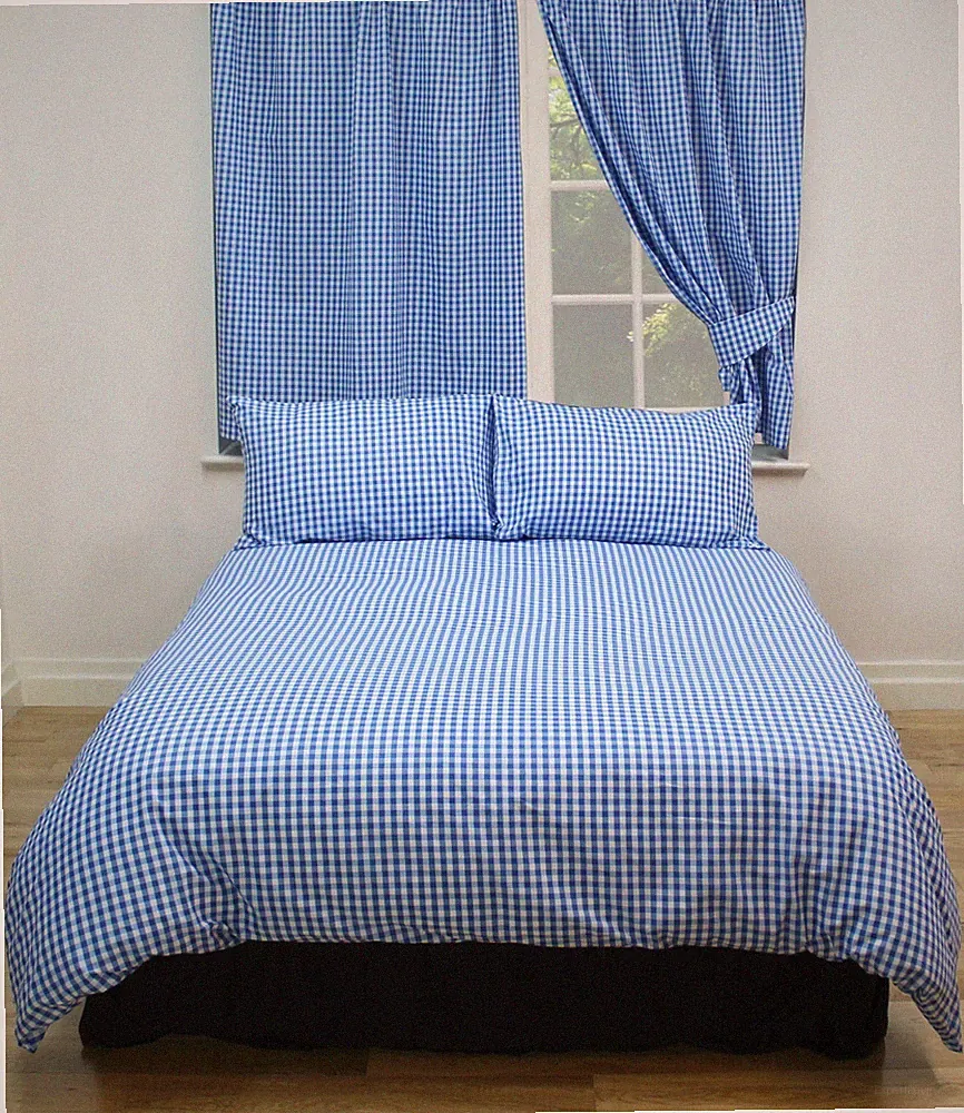 GINGHAM KARIERT BLUEBELL BETTWÄSCHE VORHÄNGE EXTRA TIEF SPANNBETTLAKEN MARINE WEISS