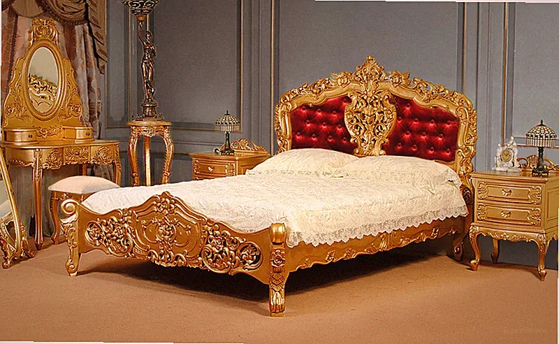 Gold Doppelbett mit Lattenrost 140x200 cm Polsterbett Rokoko Barock Bett 78286t