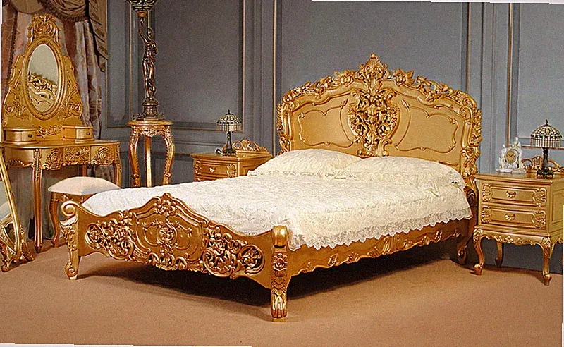 Gold Doppelbett mit Lattenrost 140x200 cm Rokoko Barock Stil Bett 78286