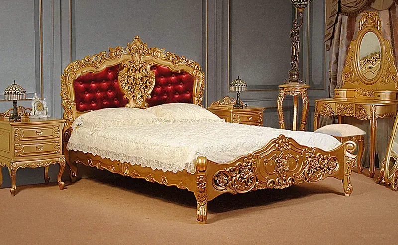 Gold Rokoko Barock Bett 160x200 cm Polsterbett Doppelbett mit Lattenrost 78269t