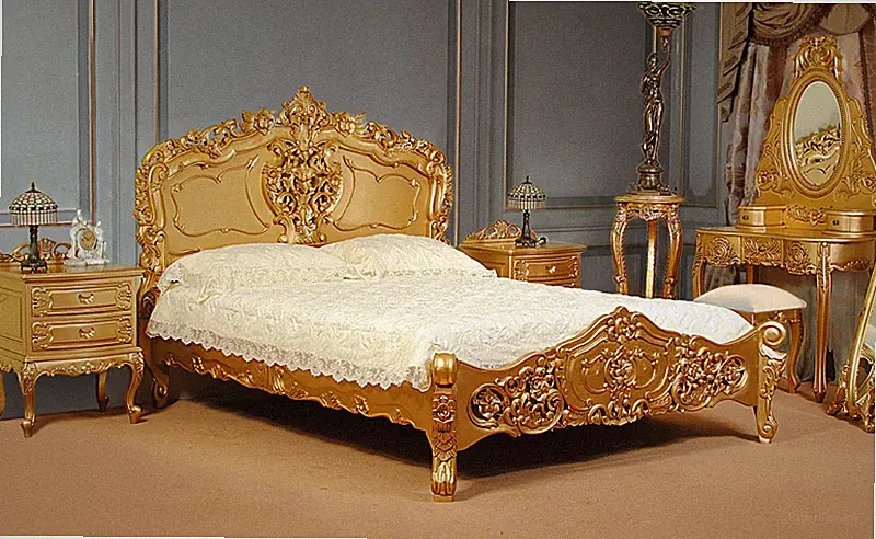 Gold Rokoko Barock Stil Bett 160x200 cm Doppelbett mit Lattenrost 78269
