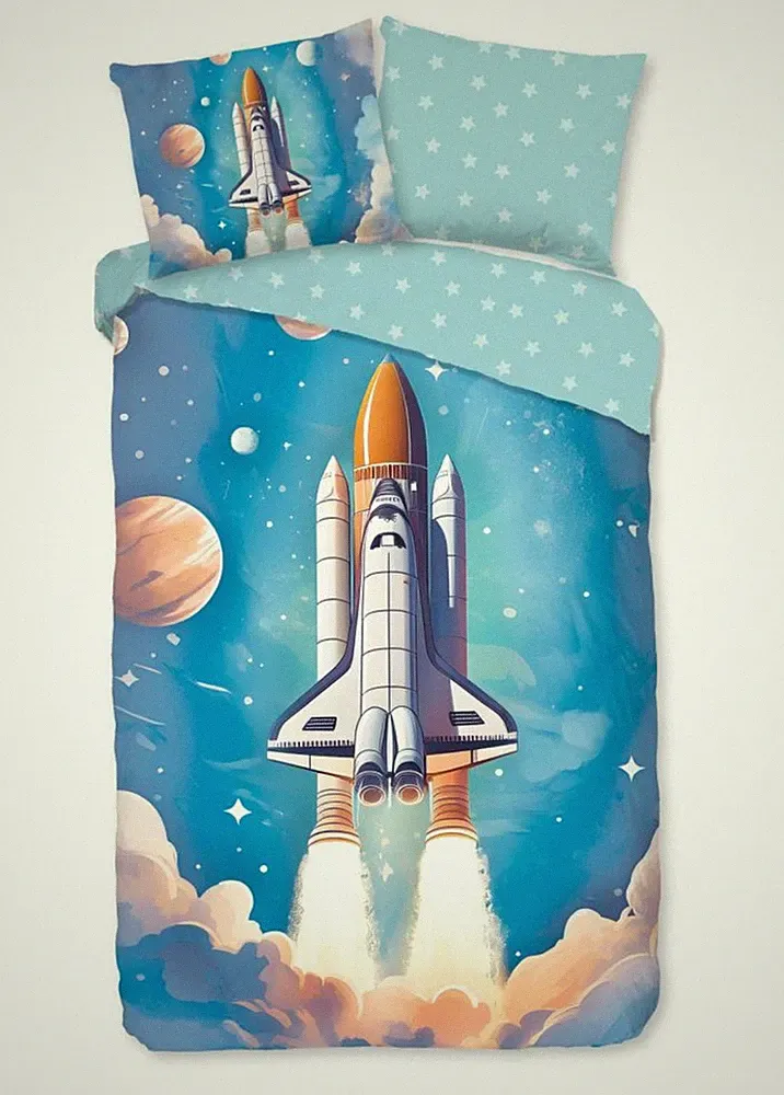 Good Morning Kids Flanell Bettwäsche 135x200 Fred Rakete blau Wende 10133