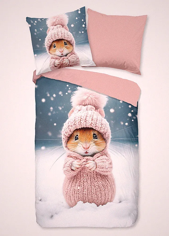 Good Morning Kids Flanell Bettwäsche 135x200 Sofia Hamster Winter rosa blau 3335